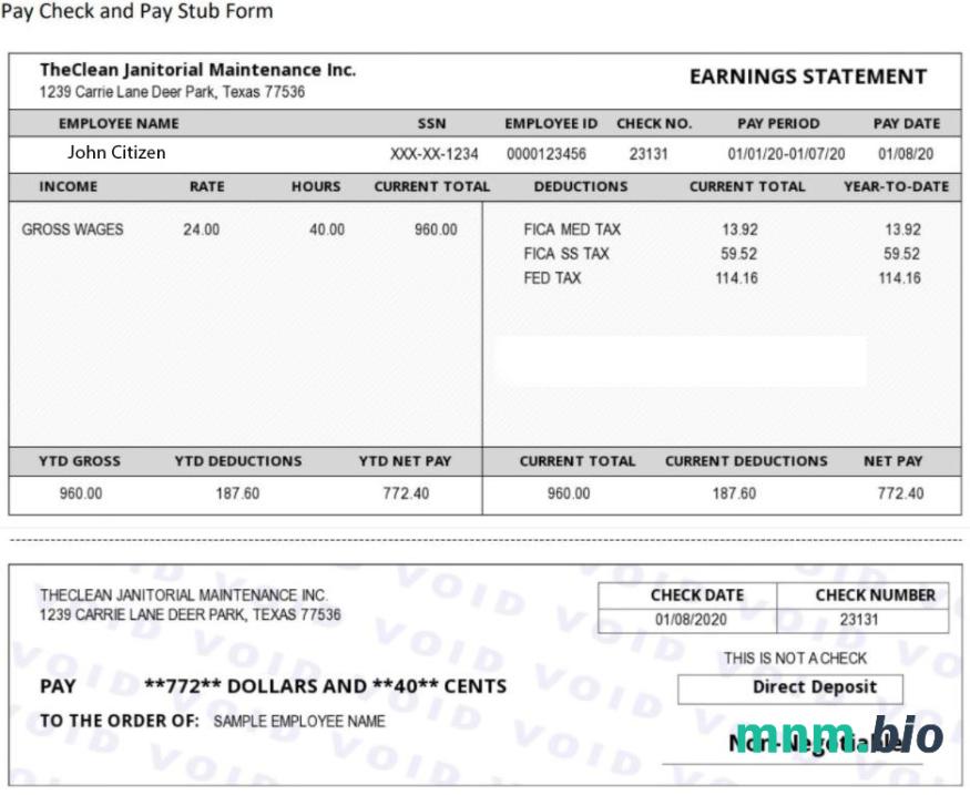 USA the CLEAN Janitorial Mainenance Inc pay stub w formacie Word i PDF
